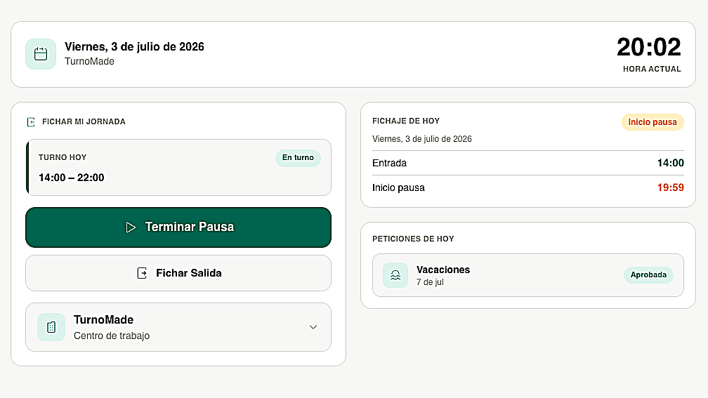 Acceso web del empleado de TurnoMade — fichar la jornada y consultar el fichaje de hoy desde el navegador